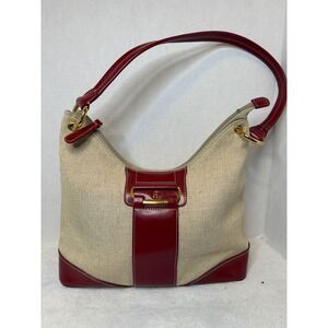 Aigner Beige Linen Canvas &‎ Red Faux Leather Trim Shoulder Bag